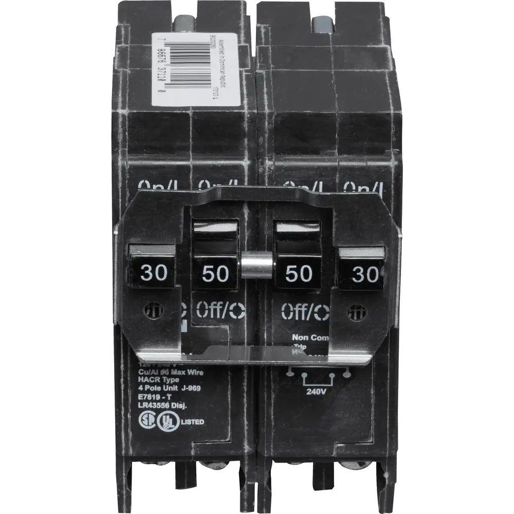 (1) 2P 30 A, (1) 2P 50 A, 120/240 VAC BQ Tandem Plug-In Circuit Breaker