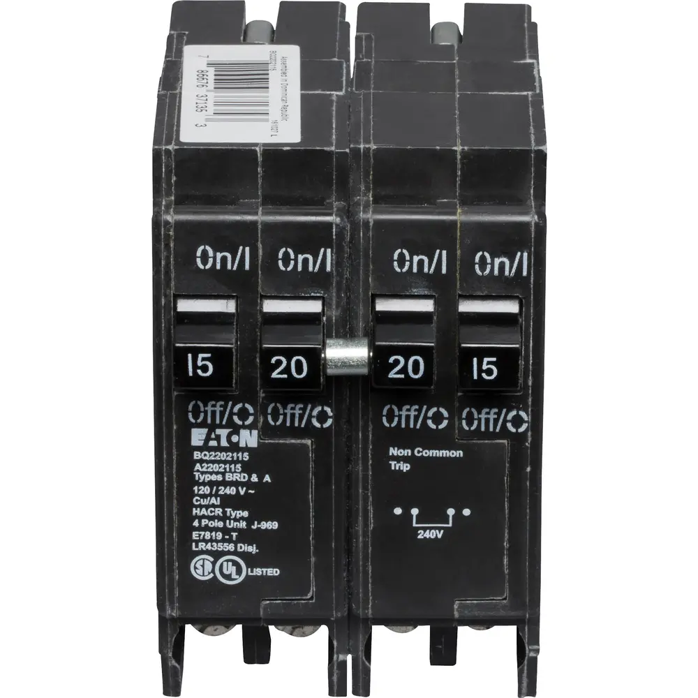 (2) 1P 15 A, (1) 2P 20A, 120/240 VAC BQ Tandem Plug-In Circuit Breaker
