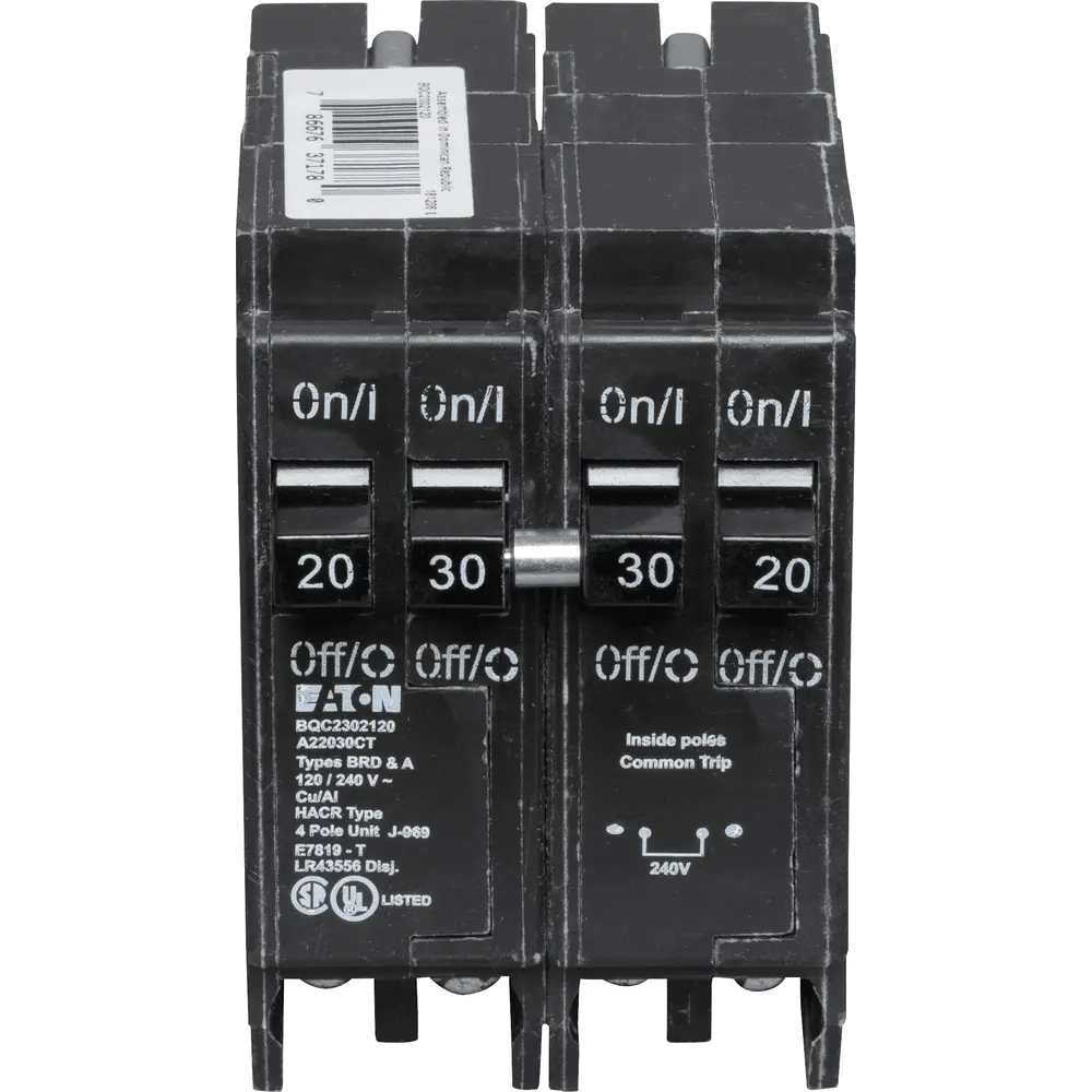 (2) 1P 20 A, (1) 2P 30 A, 120/240 VAC BQC Tandem Plug-In Circuit Breaker
