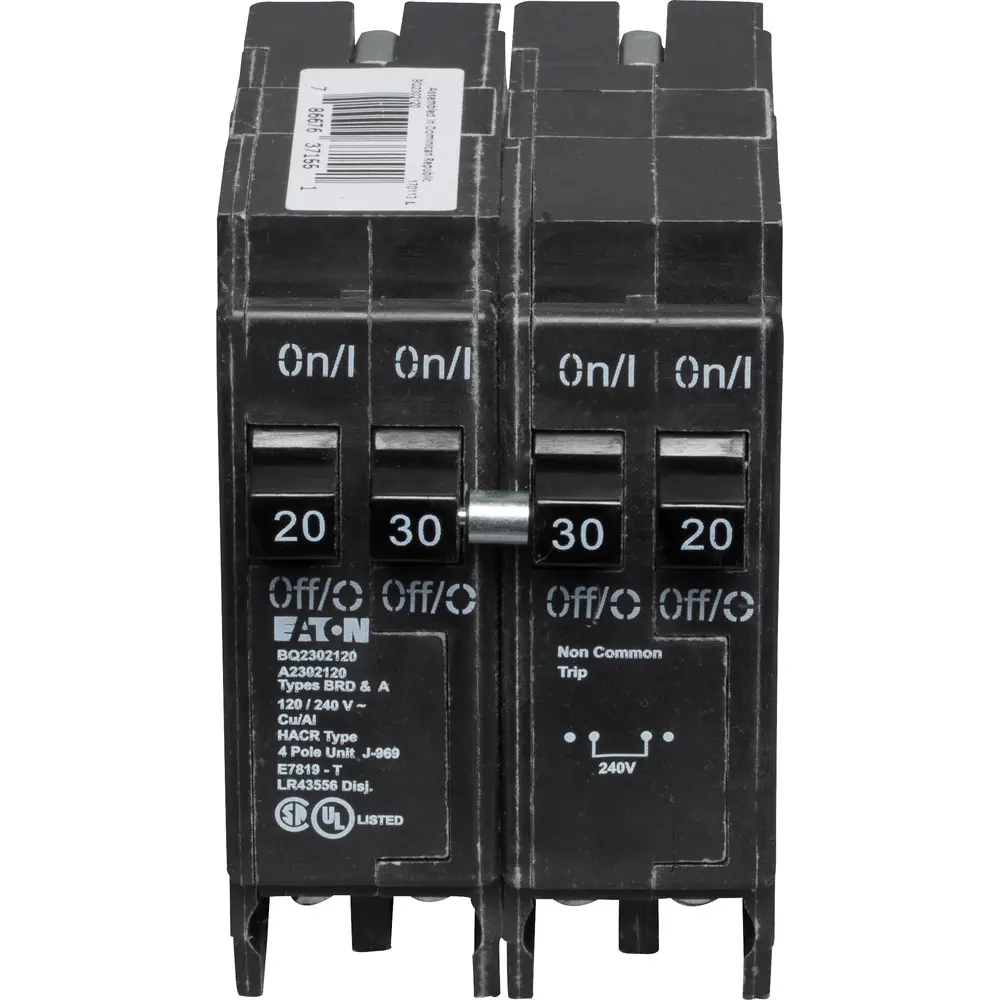 (2) 1P 20 A, (1) 2P 30 A, 120/240 VAC BQ Tandem Plug-In Circuit Breaker