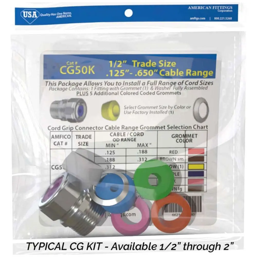 1/2" Cord Grip Connector Kit, Cord Range 0.125" - 0.650", Steel