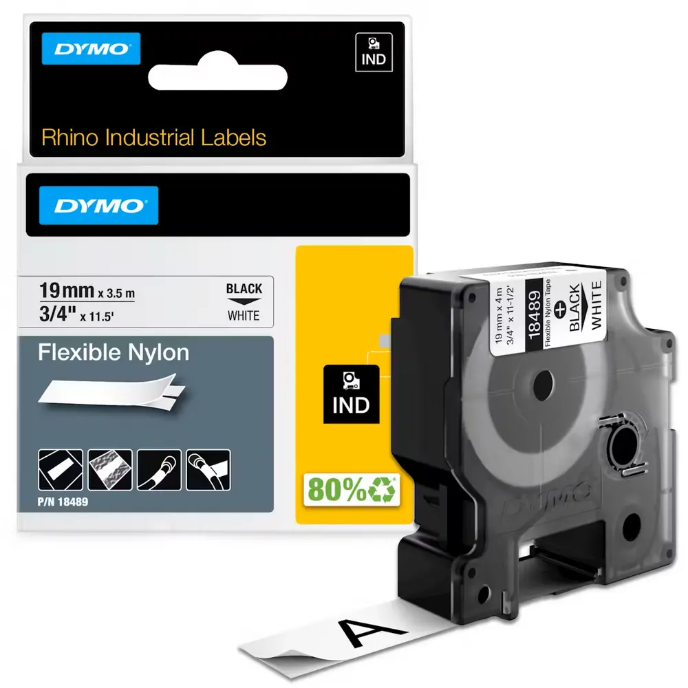 3/4" White Flexible Nylon Tape, 19mm, Black Text