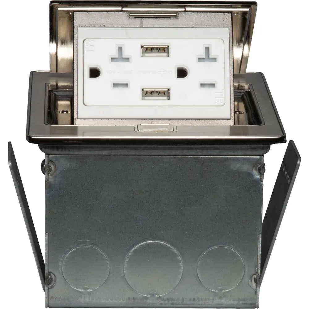 Single-Gang Countertop Box, 20A Decorator, (2) USB Ports, Stainless Steel